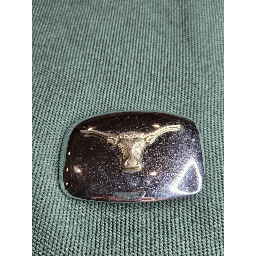 Vintage Chrome Brass Longhorn Steer Head Belt Buckle Made in USA